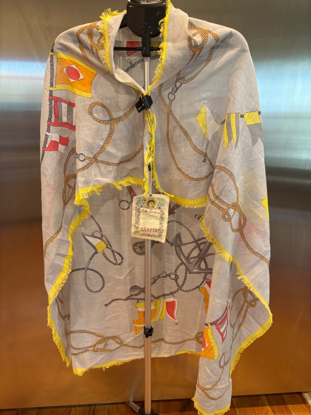 Lightweight Nautical Print Scarf Wrap in Yellow Trim